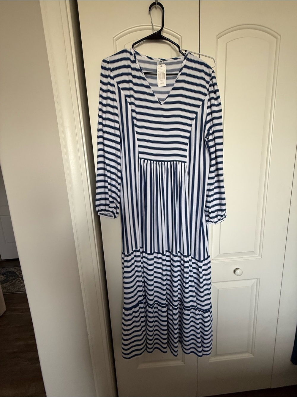 Striped V-Neck Long Sleeve Tiered Maxi Dress - Blue/White